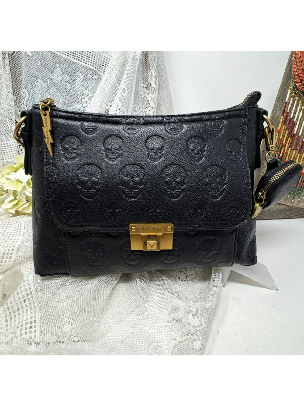 Betsey Johnson Skull Boss Satchel Black Gold Trim Top Handle
